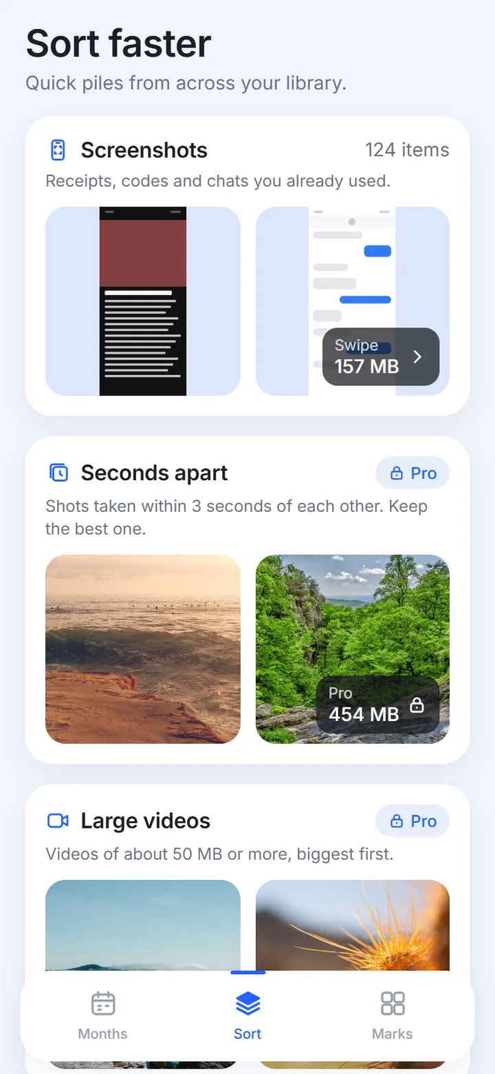 Sort faster piles such as screenshots and large videos